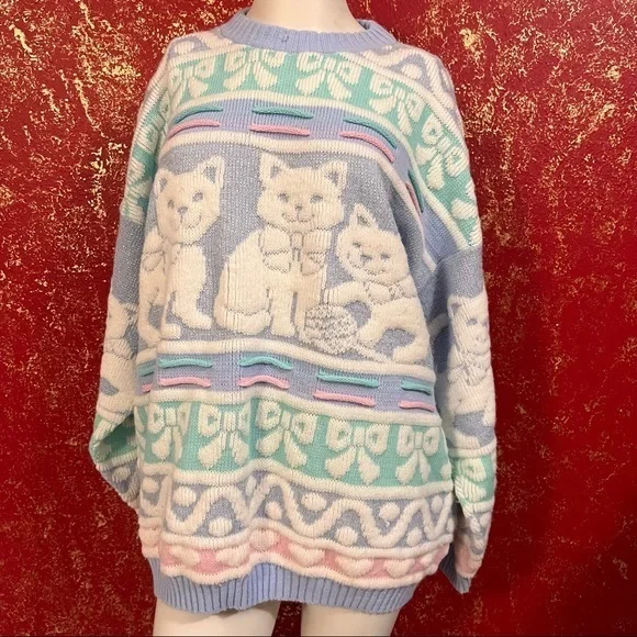 ROSE Vintage Pastel Cat Kitten Fairy Kei kawaii Jumper Sweater M - Picture 2 of 9